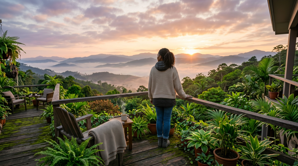 Person standing on wooden deck watching sunrise over fog-covered mountains