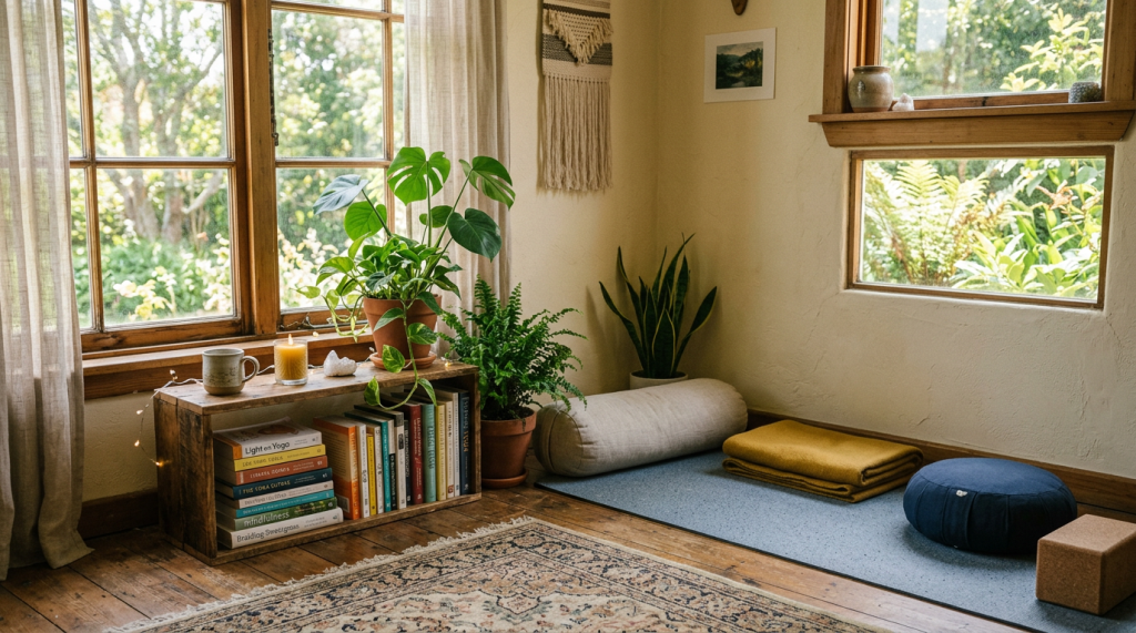 Yoga mat with bolster, cushion, blanket, cork block, bookshelf with books and plants by window