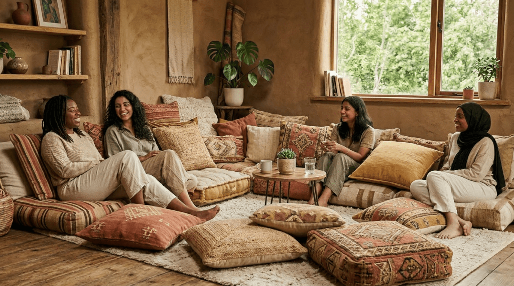 Eight diverse people sitting on cushions and sofas in a cozy room, talking and laughing together