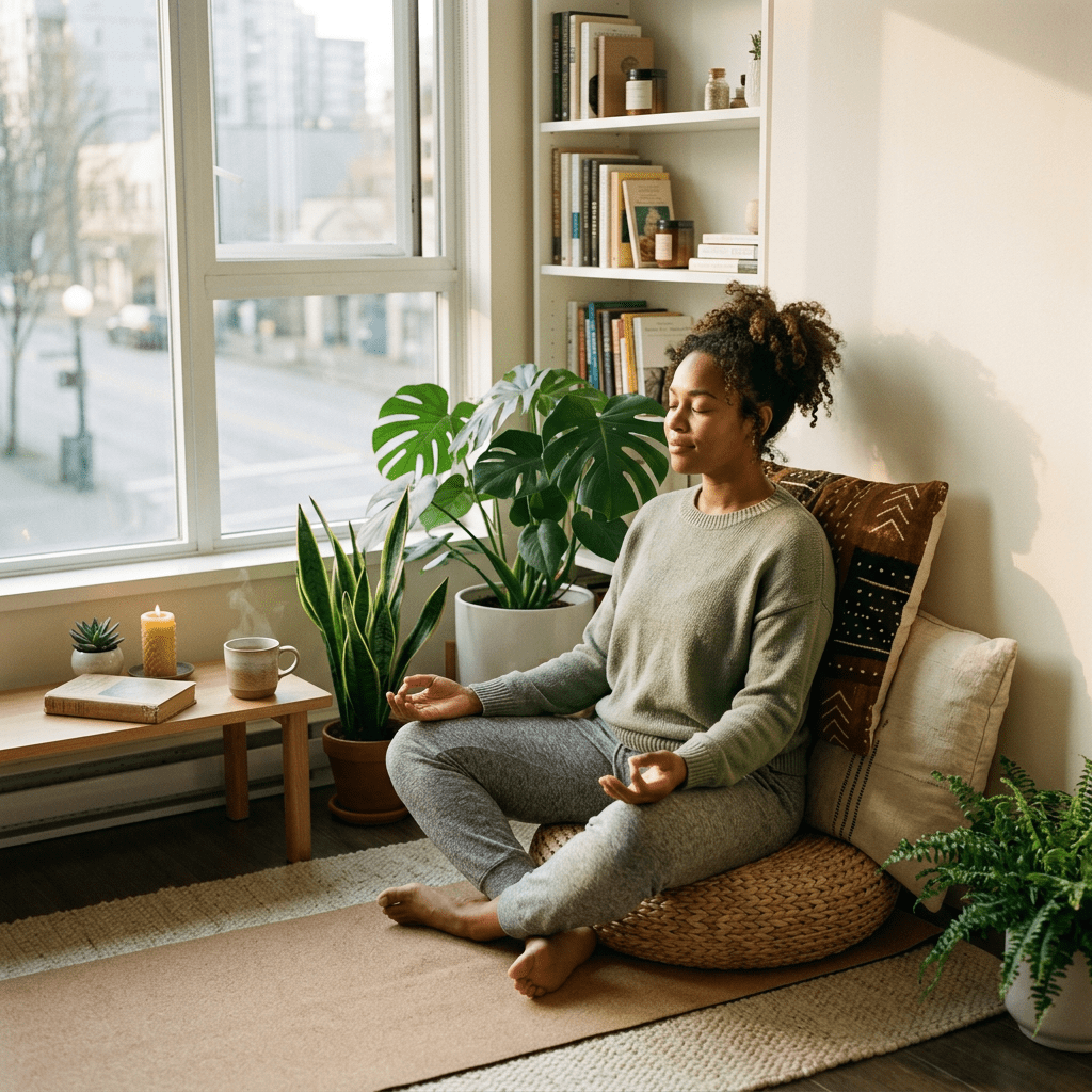 Woman sitting cross-legged on a cushion meditating indoors with plants and warm sunlight